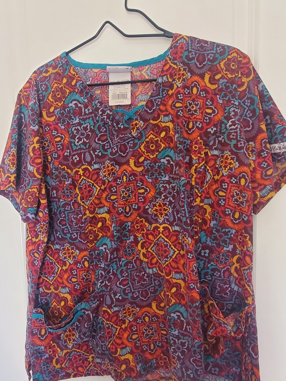 Vibrant Floral Mosaic Scrub Top in Teal & Burgundy